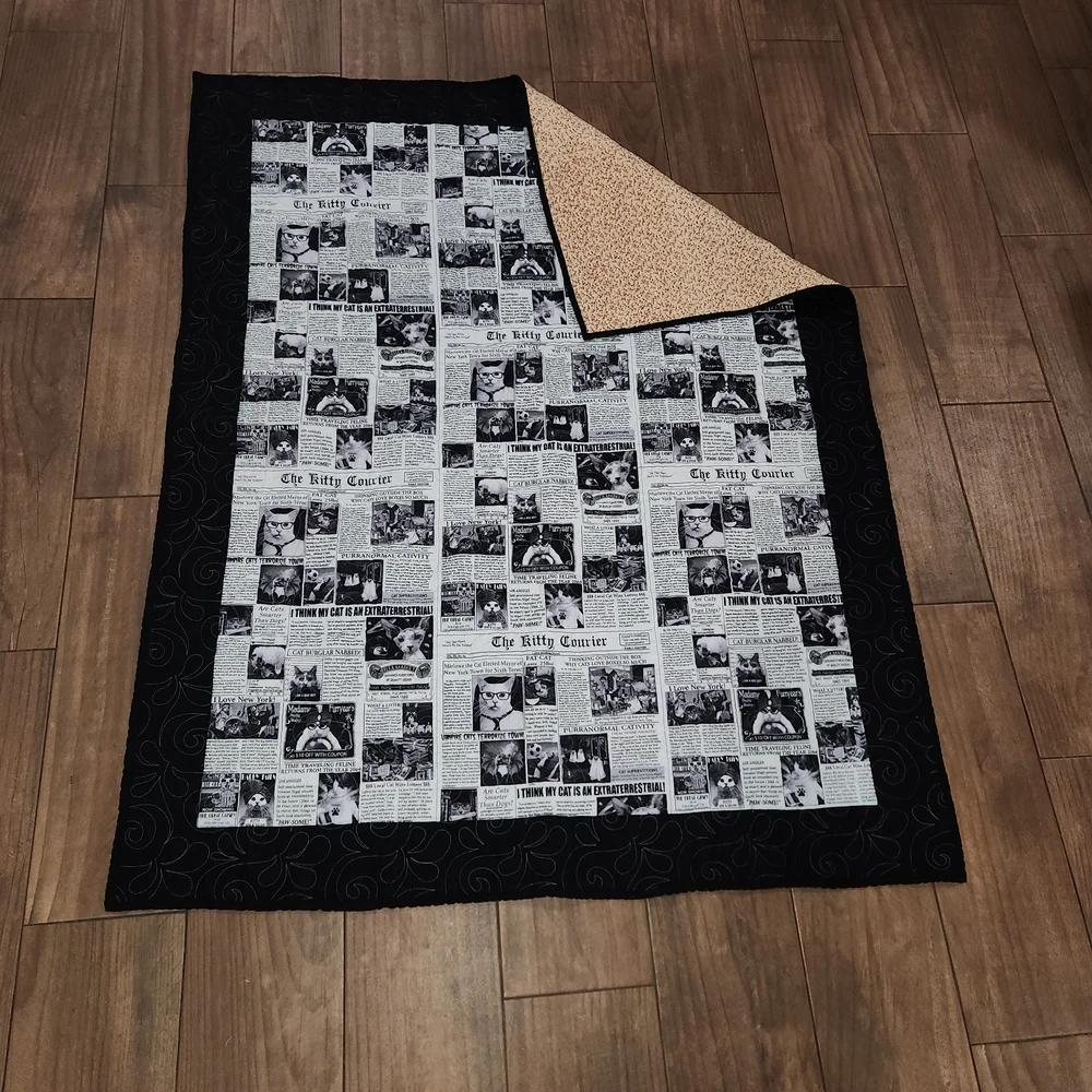 Handmade cat lady cat Black and White Newsprint Quilt 59